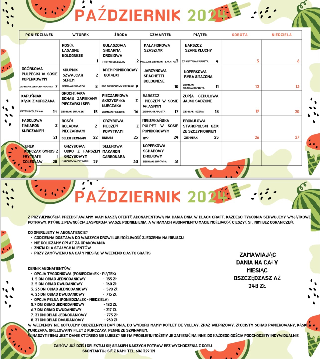 Kalendarz na październik 2024 z ofertą abonamentową na dania dnia, zawierający cennik i informację o możliwości zamówienia z dostawą.