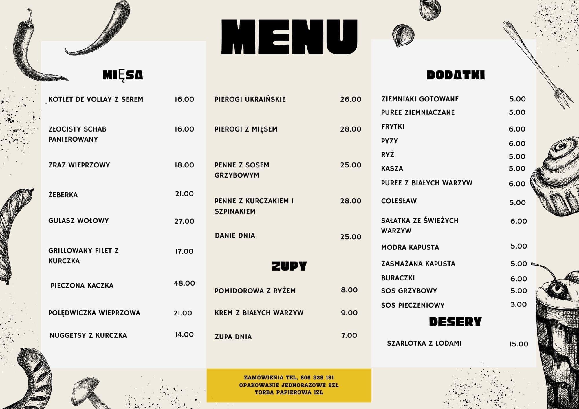 Grafika przedstawiająca menu restauracji z listą dań, cenami i rysunkami potraw, w tym mięs, pierogów, zup, dodatków i deserów.