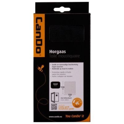 Czarno-pomarańczowe opakowanie siatki okiennej Cando Horgaas Toile moustiquaire z informacjami o wymiarach i łatwej instalacji.