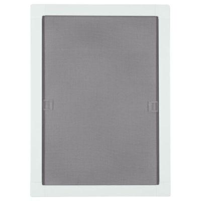 Biała ramka okienna z szarą siatką zabezpieczającą przed owadami, widoczne dwa uchwyty mocujące.