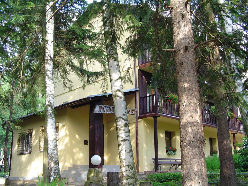 Dwupiętrowy pensjonat w Karpaczu z balkonami, otoczony drzewami iglastymi i brzozami, z widocznym wejściem i tabliczką z nazwą.