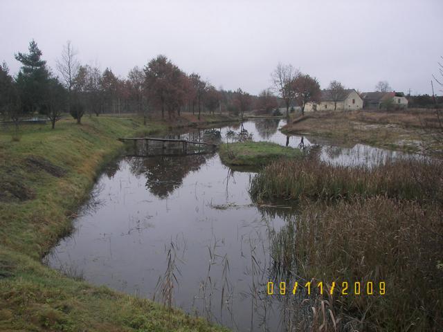 Jesienny krajobraz z rzeką, małym mostkiem i budynkami w tle, uchwycony w pochmurny dzień.