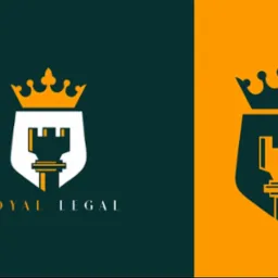 Eleganckie logo firmy prawniczej Royal Legal przedstawiające stylizowaną wieżę zamkową z koroną, umieszczone w tarczy herbowej na dwukolorowym tle.