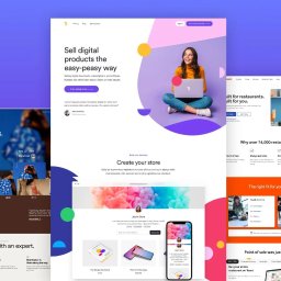 Adam Wolszczak - Kompozycja stron internetowych na fioletowym tle, prezentująca różnorodne układy i projekty sklepów internetowych oraz aplikacji mobilnych, z przykładami interfejsów użytkownika i elementów...