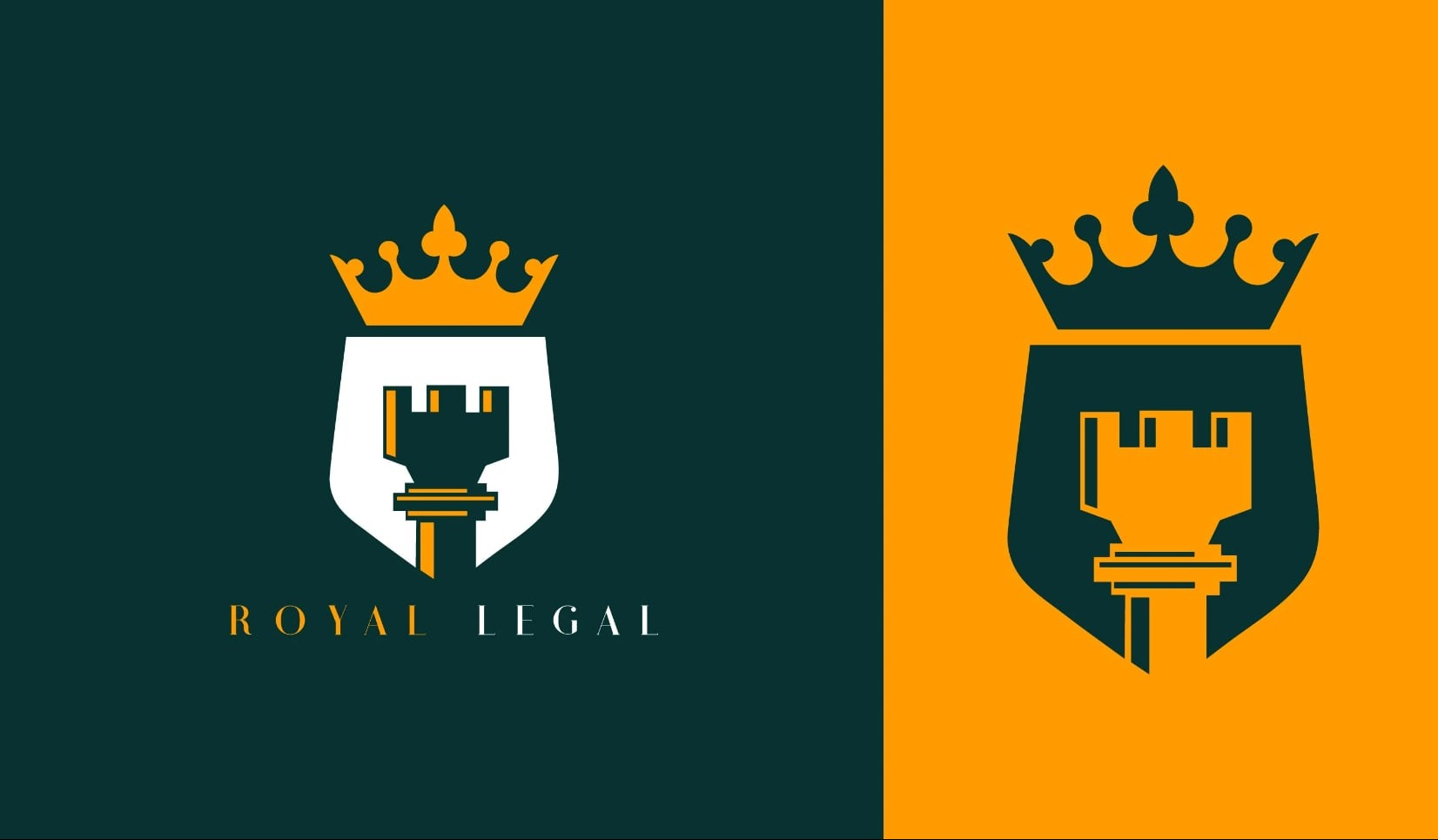 Eleganckie logo firmy prawniczej Royal Legal przedstawiające stylizowaną wieżę zamkową z koroną, umieszczone w tarczy herbowej na dwukolorowym tle.