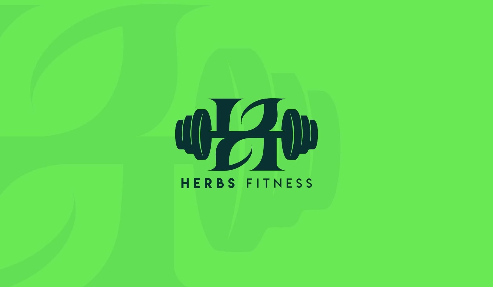 Logo Herbs Fitness: stylizowana litera H z elementami liści i sztangą na jasnozielonym tle.