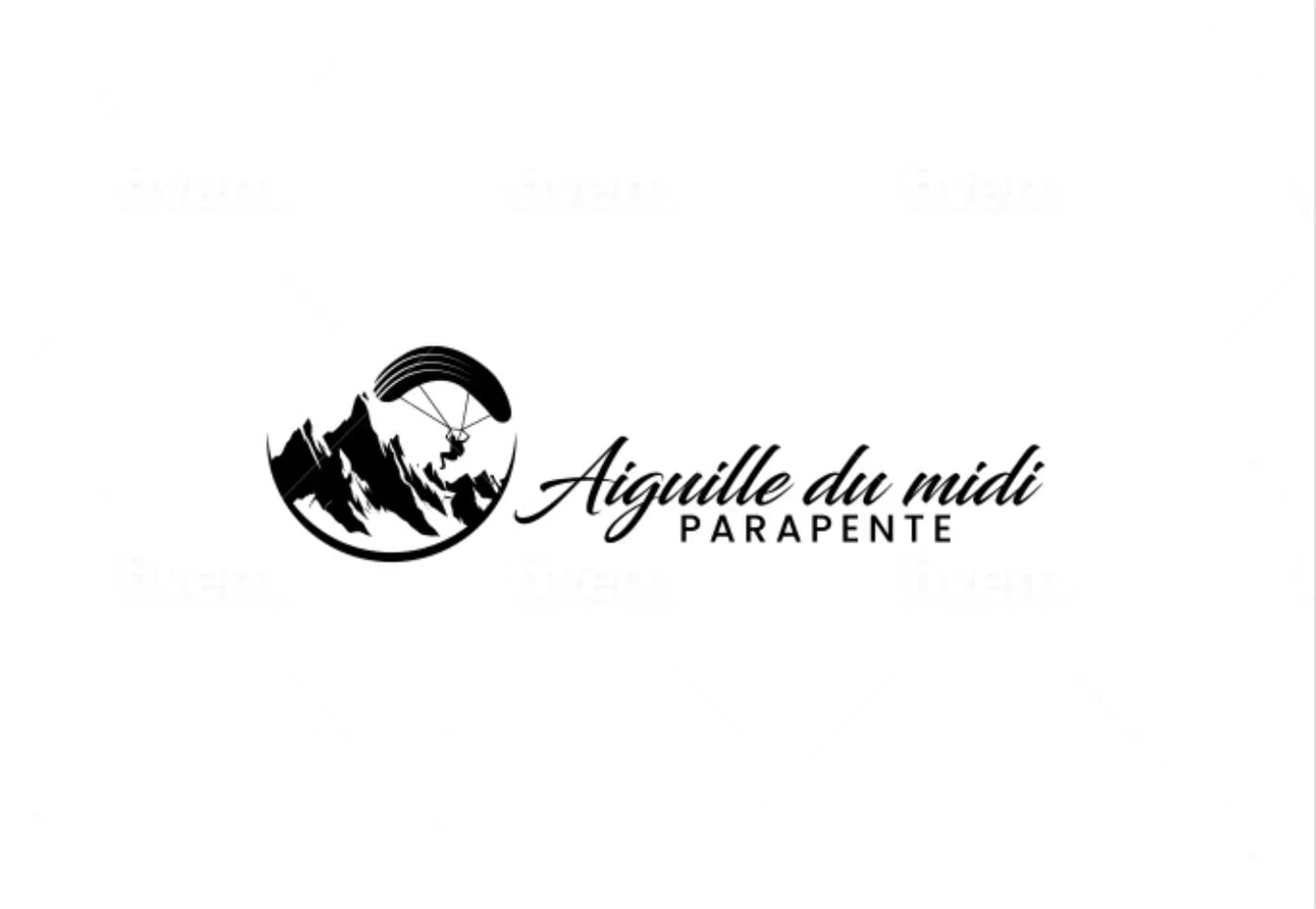Czarno-białe logo przedstawiające górę z paralotniarzem w okręgu, obok napis 'Aiguille du midi PARAPENTE' elegancką czcionką.