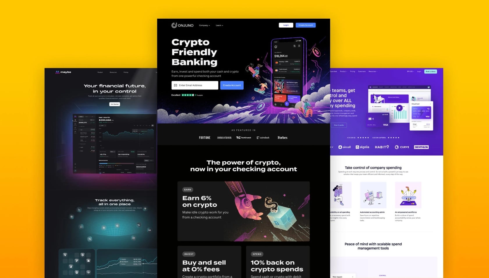 Zestawienie trzech różnych stron internetowych z interfejsami użytkownika aplikacji finansowych i kryptowalutowych, prezentujących funkcje takie jak śledzenie inwestycji, zarządzanie wydatkami...