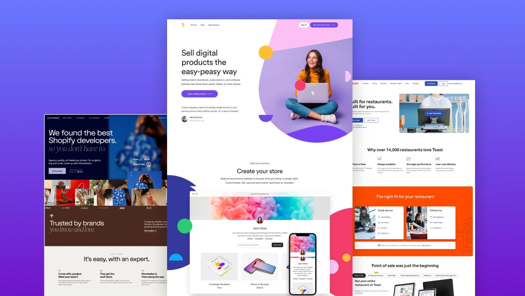 Kompozycja stron internetowych na fioletowym tle, prezentująca różnorodne układy i projekty sklepów internetowych oraz aplikacji mobilnych, z przykładami interfejsów użytkownika i elementów...