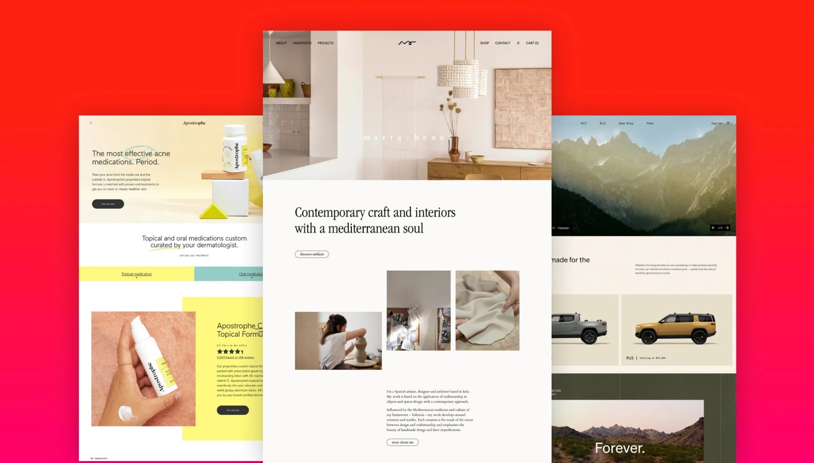 Kompozycja trzech ekranów różnych stron internetowych: strona z lekami na trądzik, strona z rękodziełem i wnętrzami w stylu śródziemnomorskim, oraz strona z samochodami elektrycznymi.