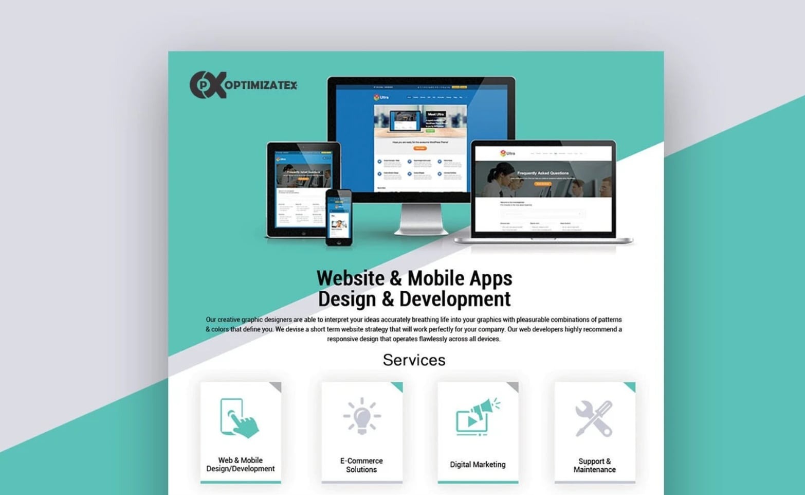 Kompozycja graficzna prezentująca responsywną stronę internetową na monitorze, laptopie, tablecie i smartfonie, z logiem firmy Optimizatex w lewym górnym rogu, na tle w odcieniach turkusu i bieli...