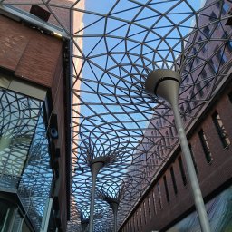 AMK Elektronic - Metalowa konstrukcja szkieletowa z oświetleniem w kształcie drzewa pod szklanym dachem, widok na budynki z cegły.