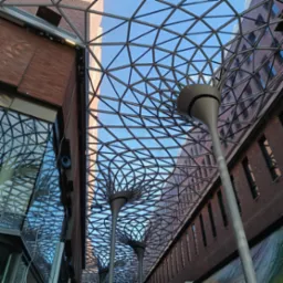 Metalowa konstrukcja szkieletowa z oświetleniem w kształcie drzewa pod szklanym dachem, widok na budynki z cegły.