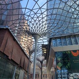 AMK Elektronic - Szklany dach o konstrukcji kratownicowej z elementami oświetleniowymi w kształcie drzew, widok z dołu na budynki z cegły i szkła w tle, w tle widoczne prace budowlane.