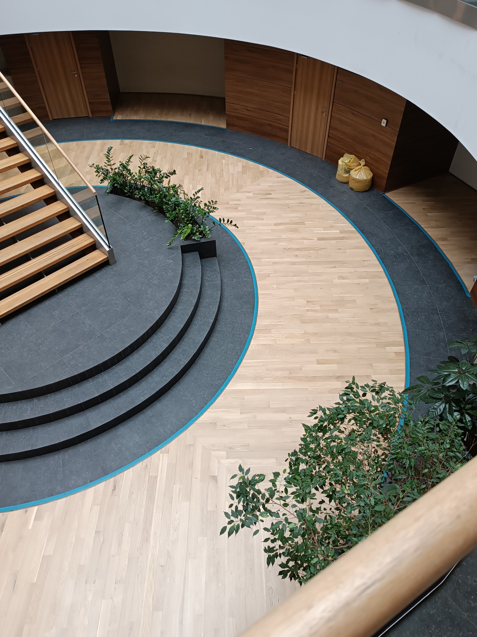 Widok z góry na drewniane schody z przeszkloną balustradą i podłogę z jasnych paneli w kształcie okręgu, otoczoną ciemnoszarą płytką z niebieską obwódką, oraz rośliny doniczkowe w nowoczesnym wnętrzu.
