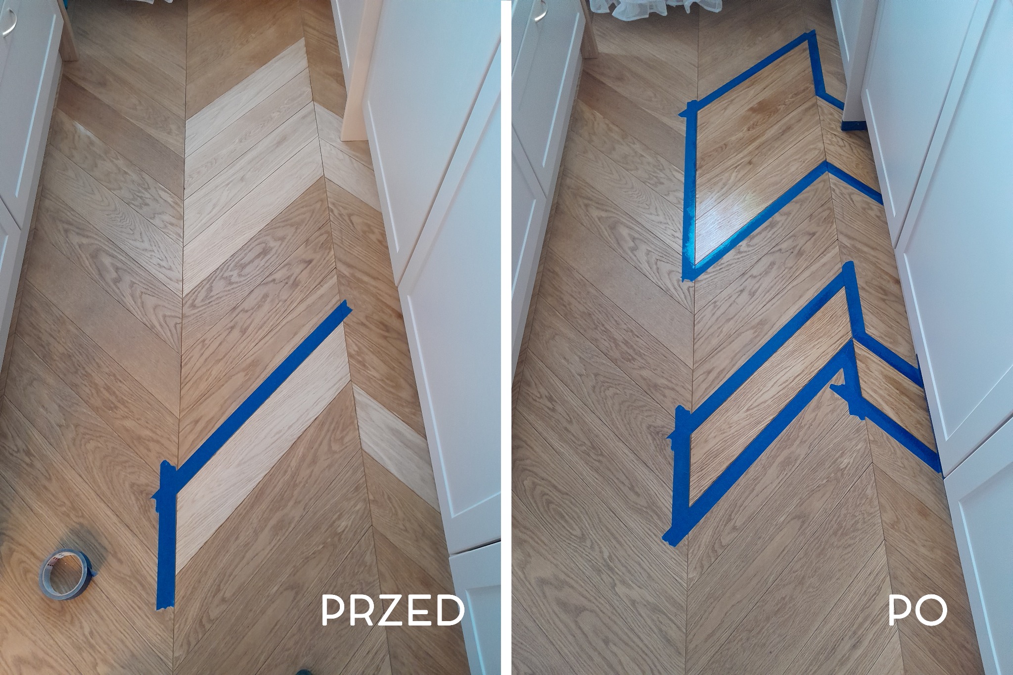Parkiet ułożony we wzór jodełki francuskiej, widok przed i po zabezpieczeniu taśmą malarską przed cyklinowaniem. Widoczne białe szafki kuchenne po bokach.