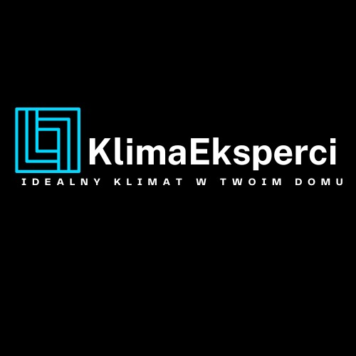 Logo firmy KlimaEksperci z hasłem 'Idealny klimat w Twoim domu', na czarnym tle.
