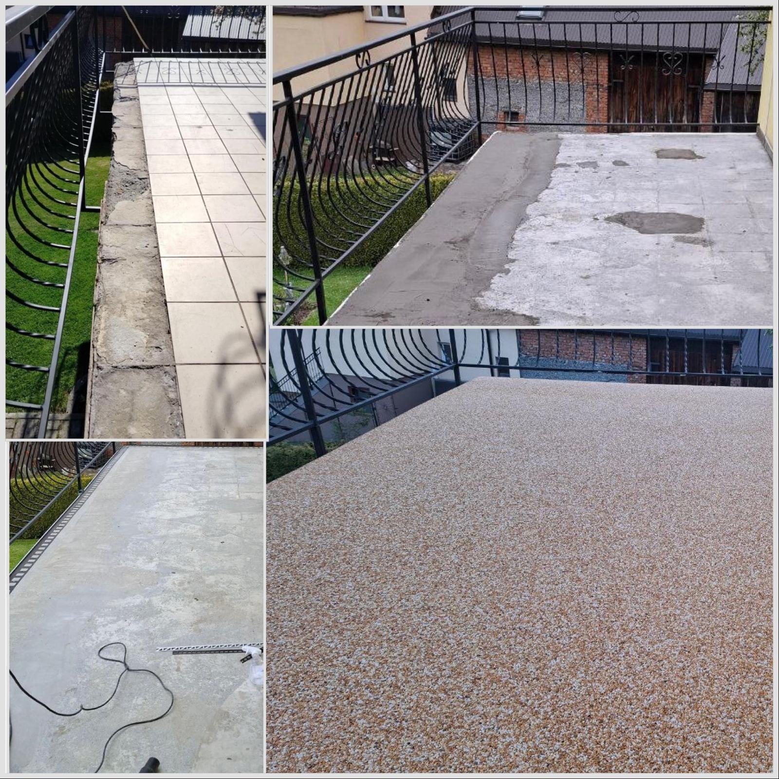 Mozaika zdjęć prezentuje etapy renowacji balkonu: od starej nawierzchni, przez przygotowanie podłoża, po finalną, estetyczną posadzkę z żywicy. Widoczne barierki i otoczenie.