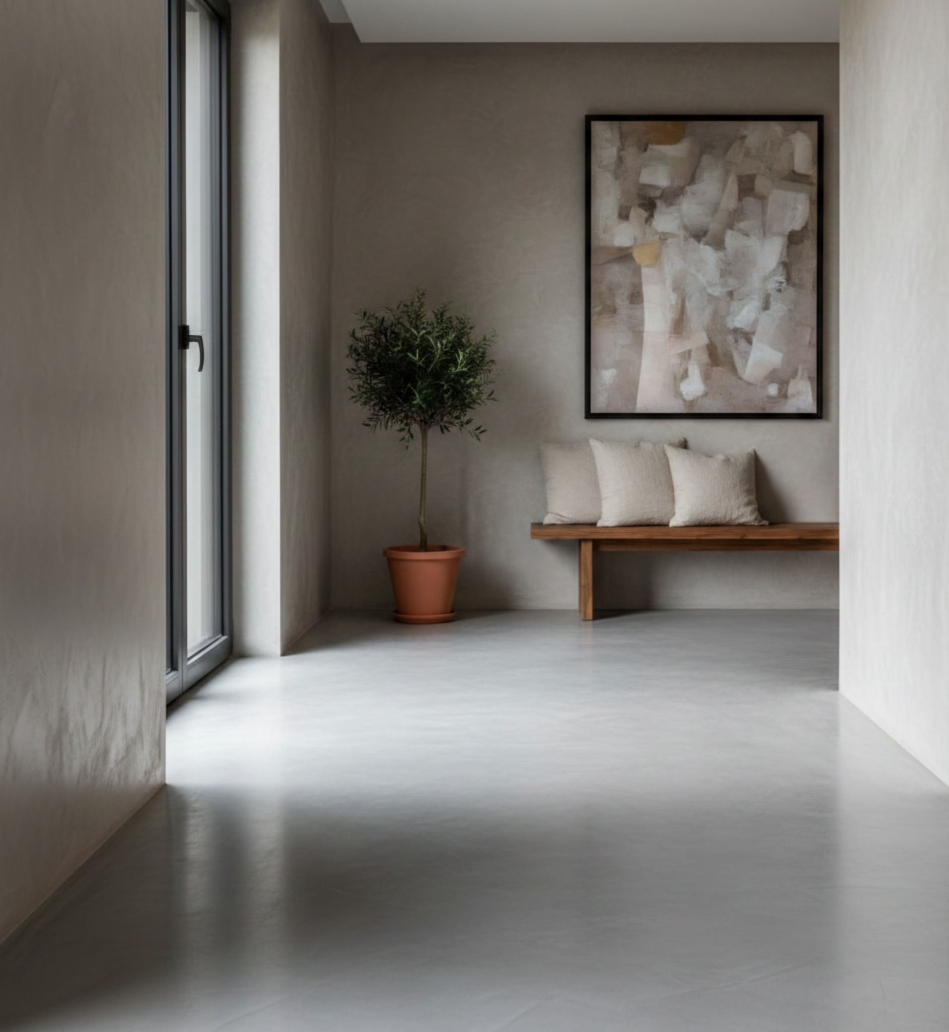 Minimalistyczne wnętrze z gładką, szarą posadzką, doniczką z drzewkiem oliwnym i drewnianą ławką z poduszkami pod obrazem w czarnej ramie. Nowoczesny design.