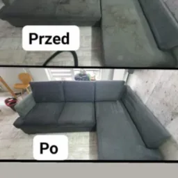 Zdjęcie 'przed i po' przedstawiające narożnik z szarej tapicerki, z widocznymi plamami na górnym ujęciu i czystą tapicerką na dolnym ujęciu.