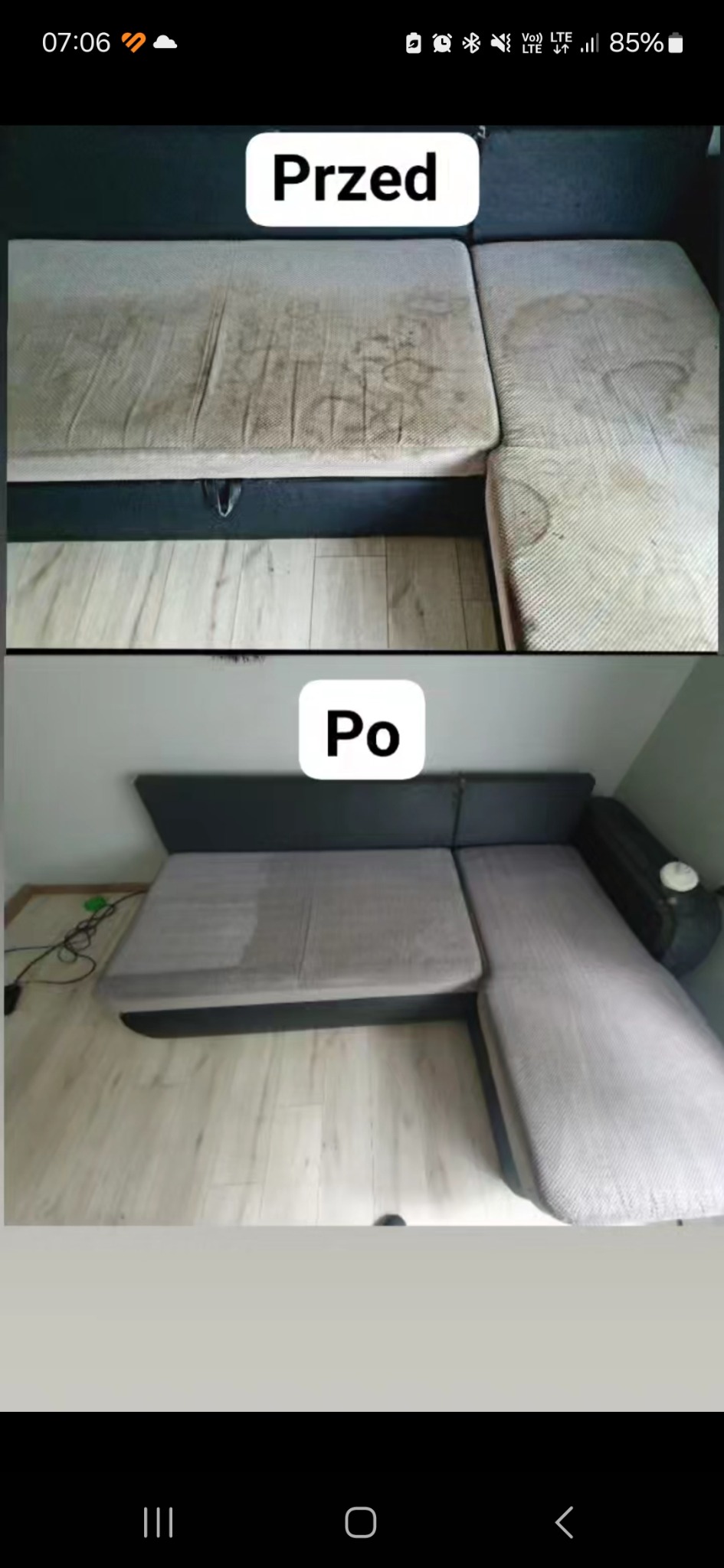 Zdjęcie przedstawia narożnik z jasną tapicerką w dwóch ujęciach: górne ukazuje silne zabrudzenia, dolne prezentuje efekt po czyszczeniu, z widocznymi mokrymi plamami po zabiegu.