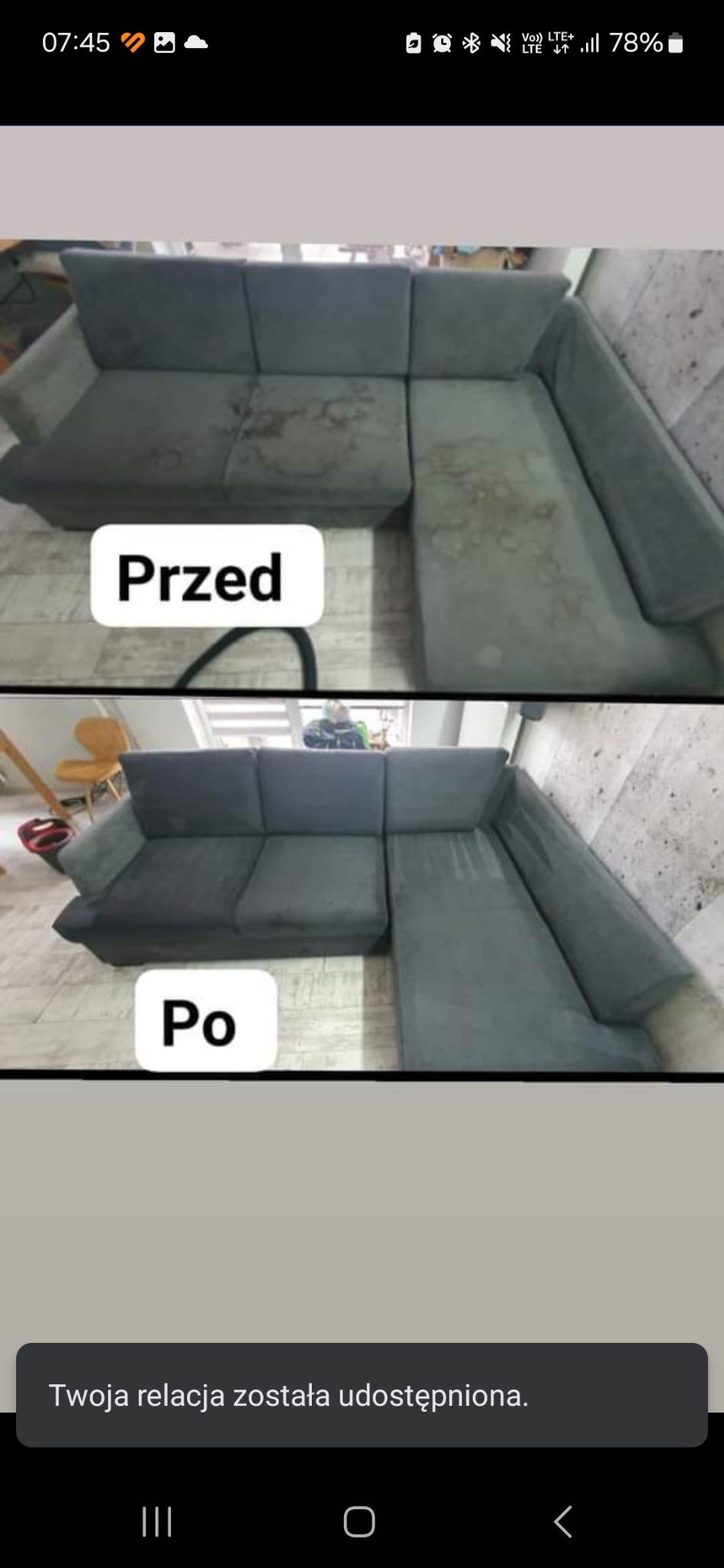 Zdjęcie 'przed i po' przedstawiające narożnik z szarej tapicerki, z widocznymi plamami na górnym ujęciu i czystą tapicerką na dolnym ujęciu.