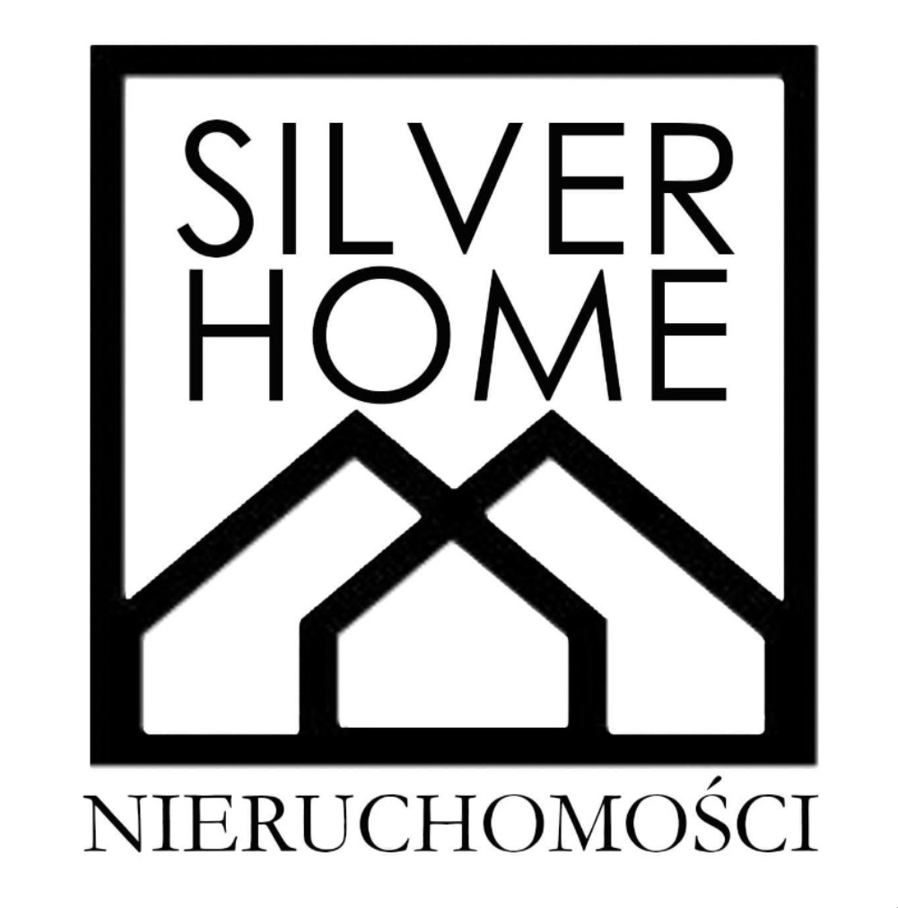 Logo firmy Silver Home Nieruchomości w czarno-białej grafice wektorowej, przedstawiające stylizowany zarys dwóch domów w kwadratowej ramie.