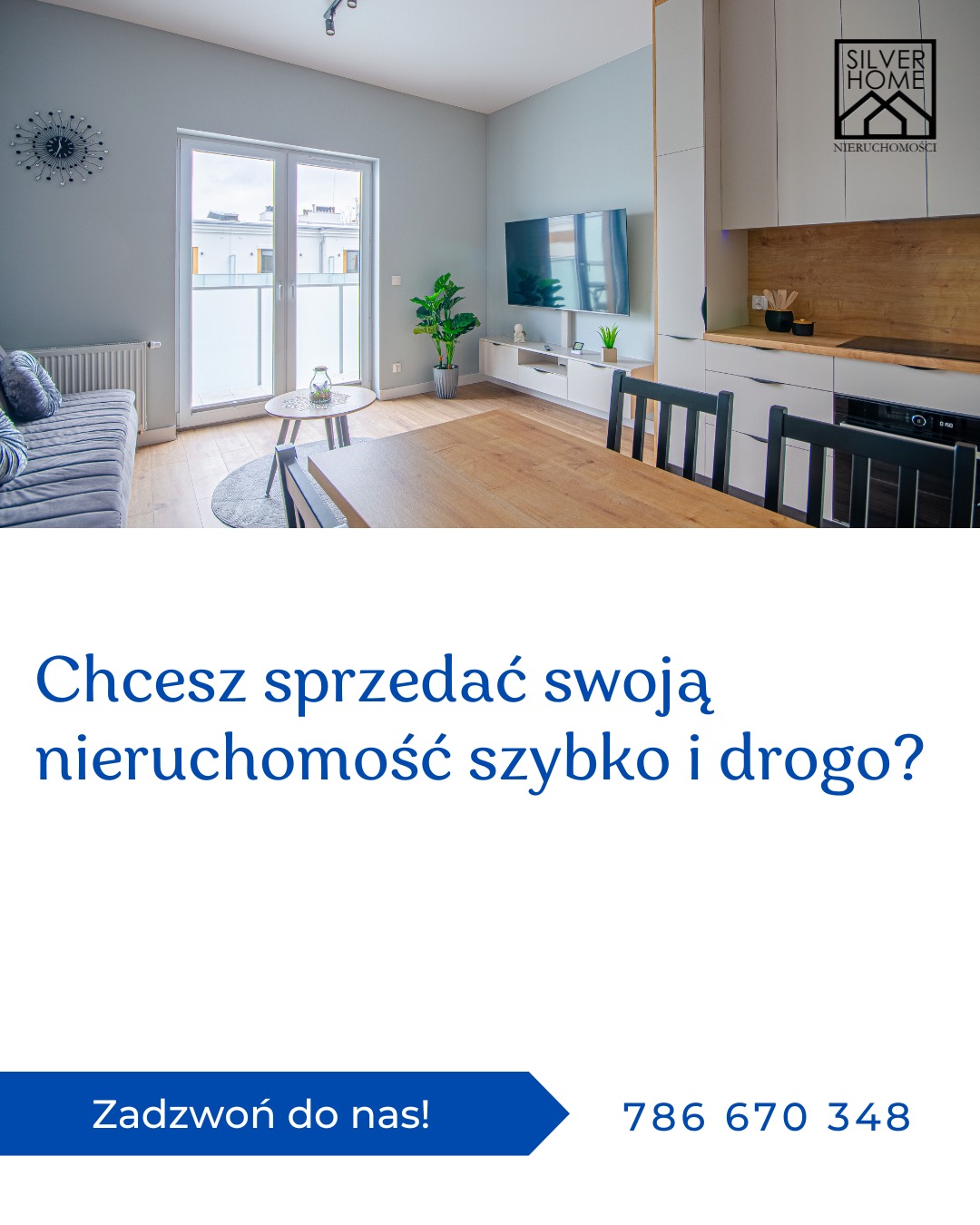 Jasne, nowocześnie urządzone wnętrze mieszkania z drewnianym stołem na pierwszym planie, widok na balkon, telewizor i część kuchenną z logo 'Silver Home Nieruchomości' w prawym górnym rogu.