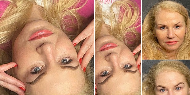 Kobieta z blond włosami leżąca podczas zabiegu makijażu permanentnego brwi i ust. Widoczne zbliżenie na twarz przed i po zabiegu.