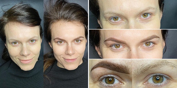 Kobieta przed i po zabiegu pigmentacji brwi metodą pudrową, widoczne różnice w kształcie i gęstości brwi, zbliżenie na twarz i oczy, wyraźne detale włosków.