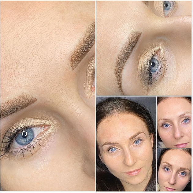 Kolaż zdjęć przedstawiający efekt zabiegu pigmentacji brwi u młodej kobiety o niebieskich oczach, z bliska widoczna struktura skóry i odcień pigmentu.