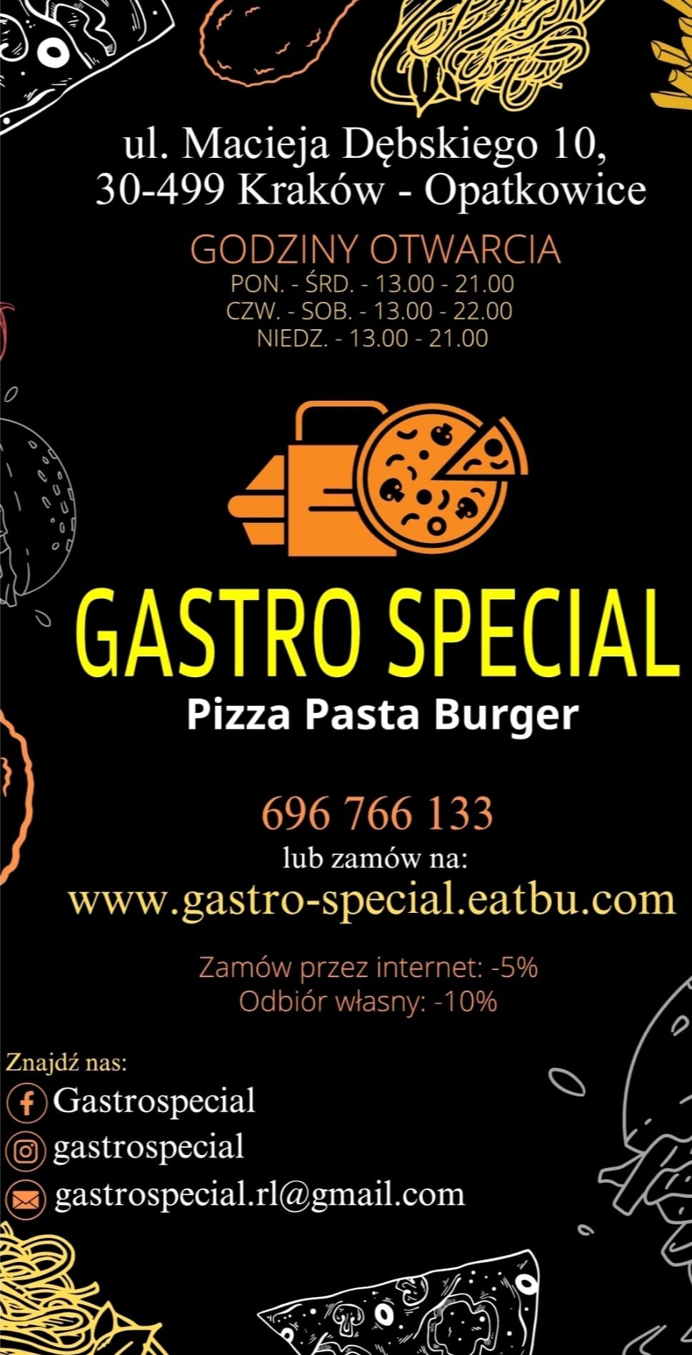 Grafika reklamowa restauracji Gastro Special z Krakowa, oferującej pizzę, pastę i burgery, z adresem, godzinami otwarcia, numerem telefonu, adresem strony internetowej i odnośnikami do mediów...