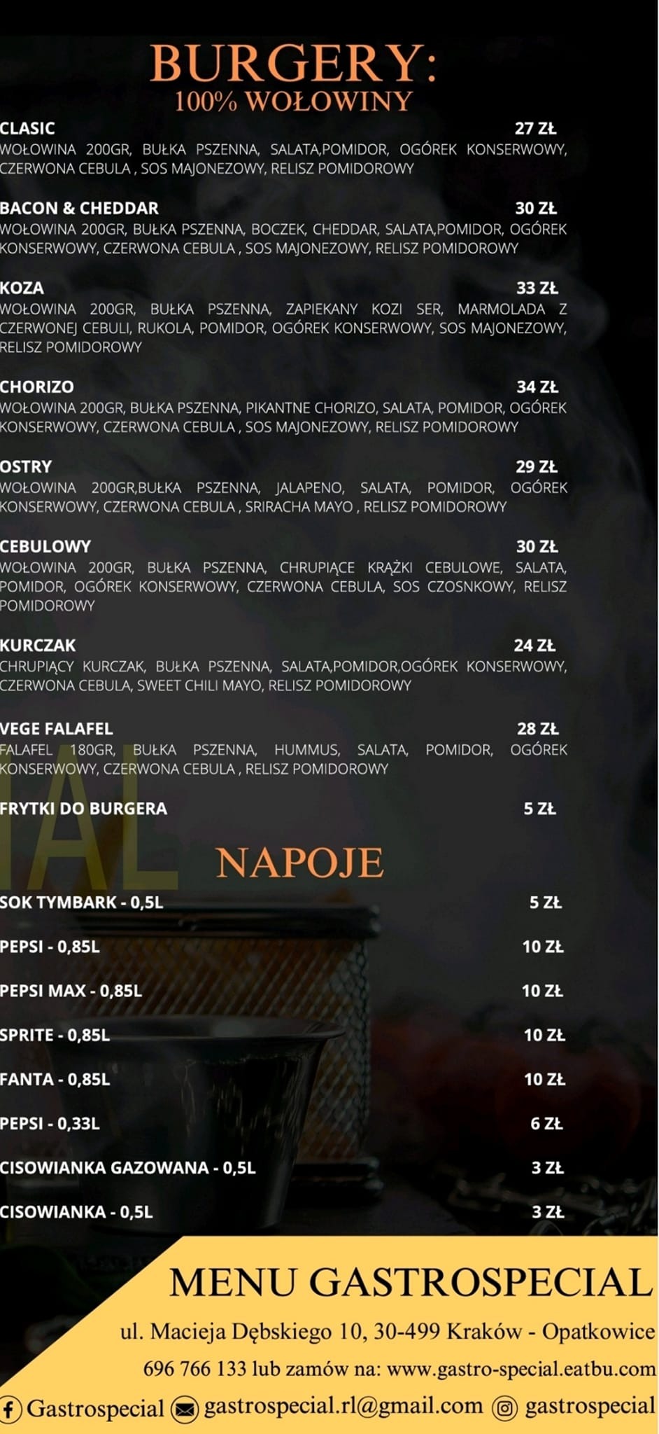 Menu restauracji z burgerami, wyszczególniające składniki i ceny: wołowina, kurczak, falafel, frytki i napoje.