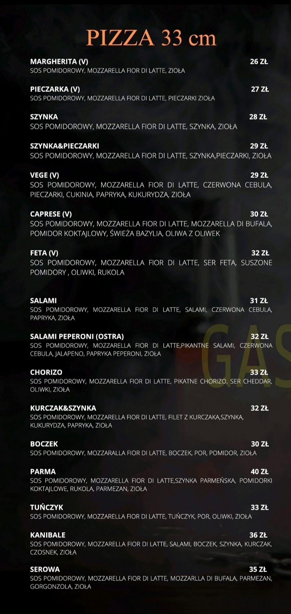 Menu pizzy 33 cm z cenami w Krakowie, oferujące różne smaki, w tym Margherita, Pieczarka, Szynka, Vege, Caprese, Feta, Salami, Chorizo, Kurczak & Szynka, Boczek, Parma, Tuńczyk, Kanibale i Serowa.