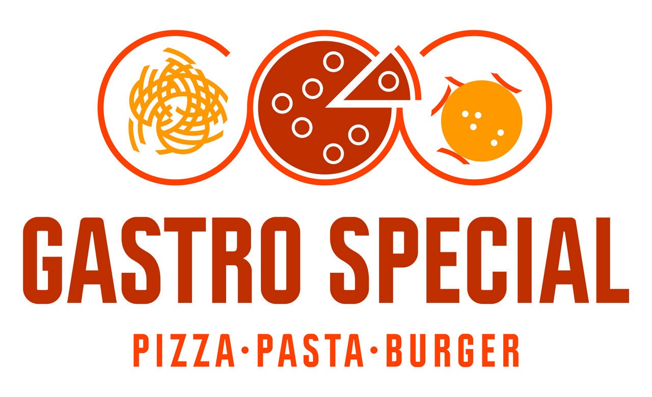 Logo firmy Gastro Special z ikonami spaghetti, pizzy z brakującym kawałkiem i burgera, napisane pomarańczowo-czerwoną czcionką na białym tle.