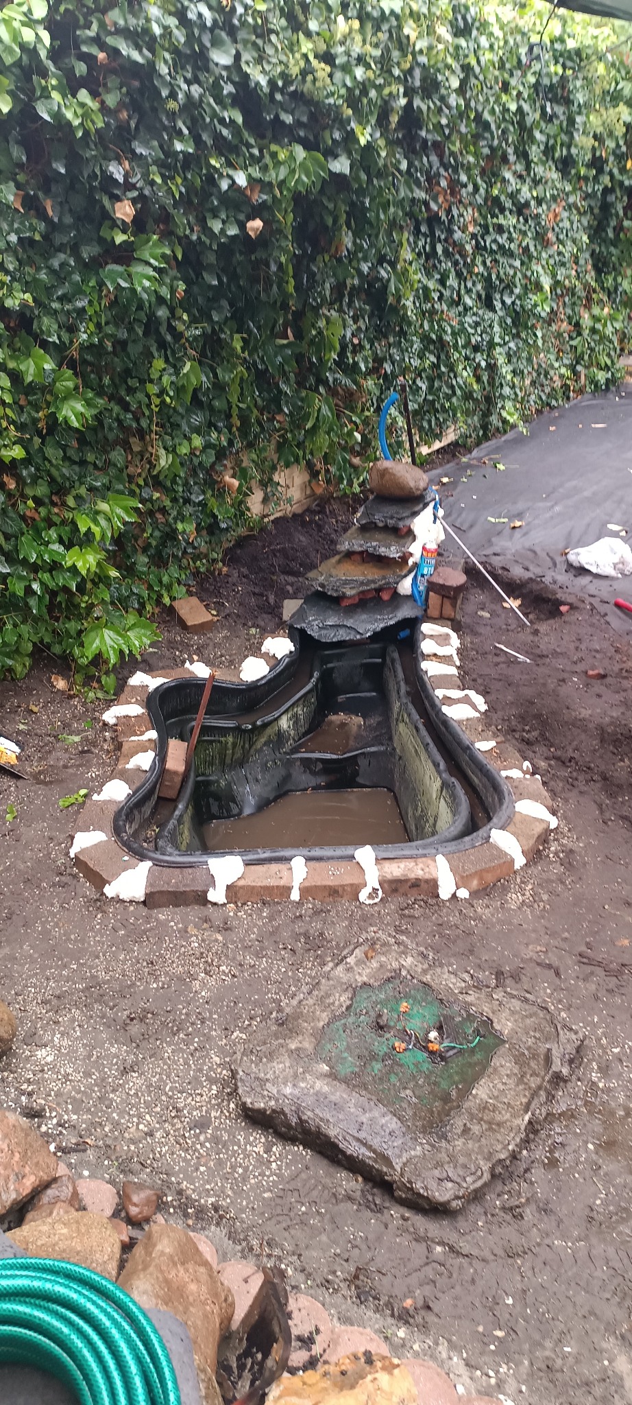 Budowa oczka wodnego w ogrodzie: czarna forma obłożona cegłami z białą pianką montażową, tło z zielonego bluszczu. Widoczne kamienie i wąż ogrodowy.