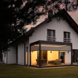 Nowoczesna pergola z metalową konstrukcją przylegająca do białego domu jednorodzinnego, oświetlona ciepłym światłem, z widocznymi meblami ogrodowymi i fragmentem zachodzącego słońca na niebie.