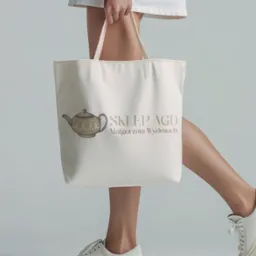 Beżowa torba shopper z nadrukiem w postaci czajnika i napisu 'Sklep AGD Małgorzata Wydmuch', trzymana przez modelkę w białej sukience i sneakersach na szarym tle.