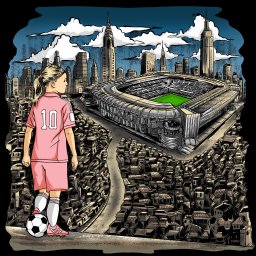 Igor Wydmuch Digital Innovations - Ilustracja przedstawia dziewczynkę w stroju piłkarskim z numerem 10, stojącą z piłką na tle panoramy miasta z drapaczami chmur i stadionem piłkarskim. Miasto przypomina Wrocław, ale w stylu grafiki...