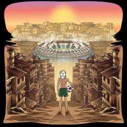 Igor Wydmuch Digital Innovations - Ilustracja przedstawia chłopca w szortach i czapce z piłką, stojącego na ulicy otoczonej budynkami, z stadionem piłkarskim w tle pod zachodzącym słońcem.