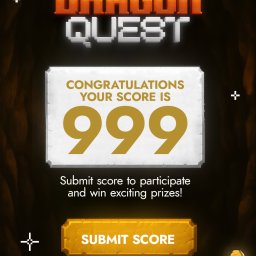 Igor Wydmuch Digital Innovations - Ekran gry Dragon Quest od Wincent z wynikiem 999, przyciski 'Submit Score' i 'Play Again', pikselowa grafika w tonacji złoto-brązowej, płonące pochodnie i monety.