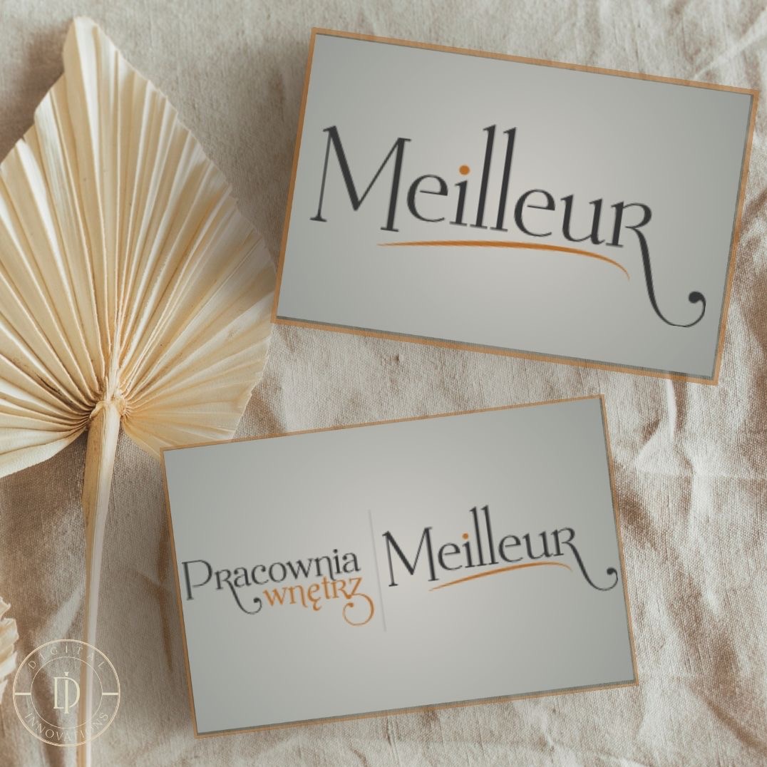 Dwa wizytowniki z logo 'Meilleur' oraz nazwą 'Pracownia Wnętrz'. Obok suszony liść palmy na beżowym tle. Minimalistyczny design.