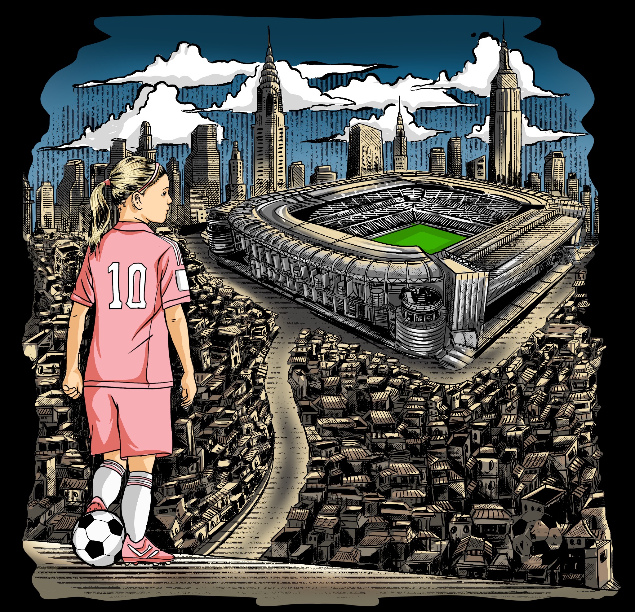 Ilustracja przedstawia dziewczynkę w stroju piłkarskim z numerem 10, stojącą z piłką na tle panoramy miasta z drapaczami chmur i stadionem piłkarskim. Miasto przypomina Wrocław, ale w stylu grafiki...