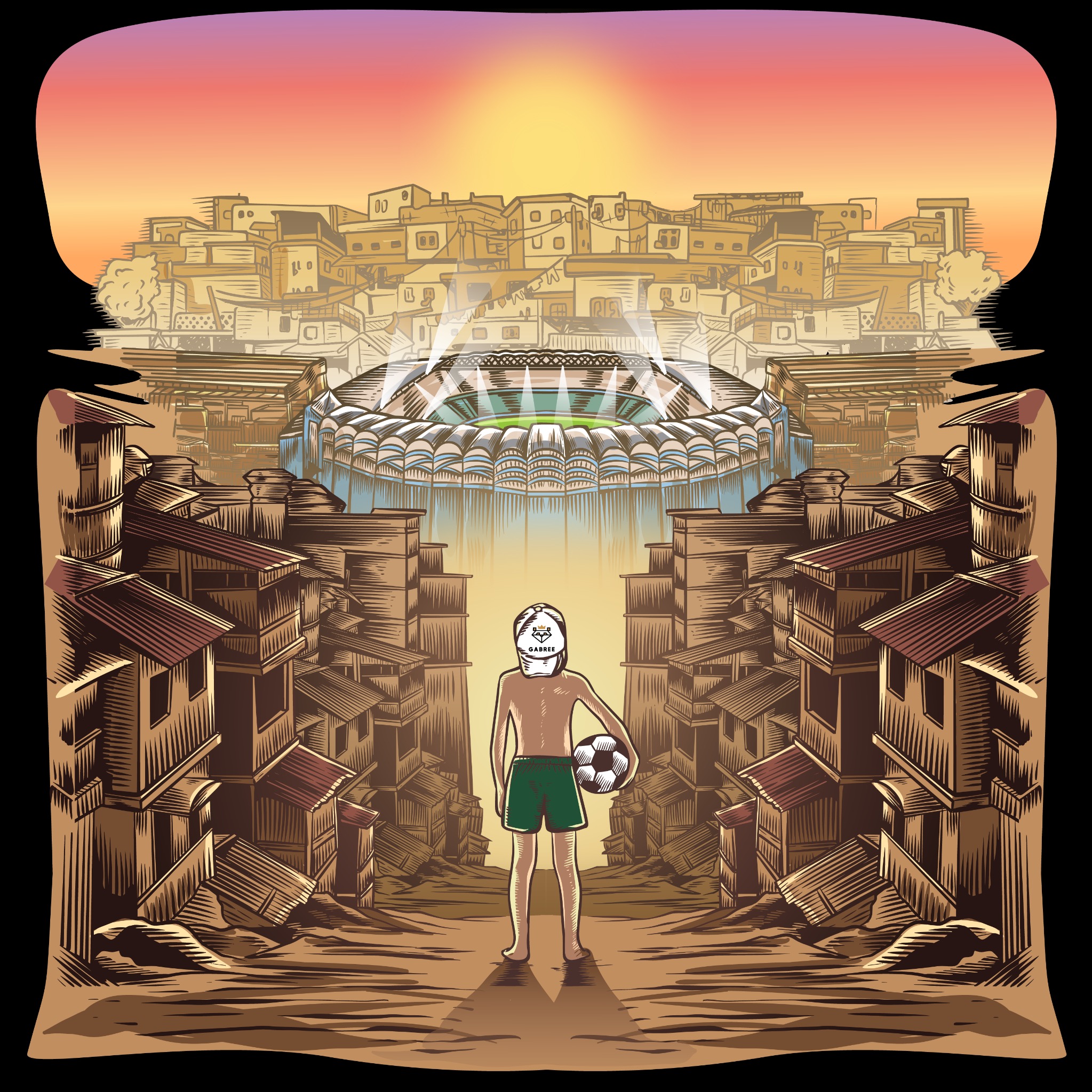 Ilustracja przedstawia chłopca w szortach i czapce z piłką, stojącego na ulicy otoczonej budynkami, z stadionem piłkarskim w tle pod zachodzącym słońcem.