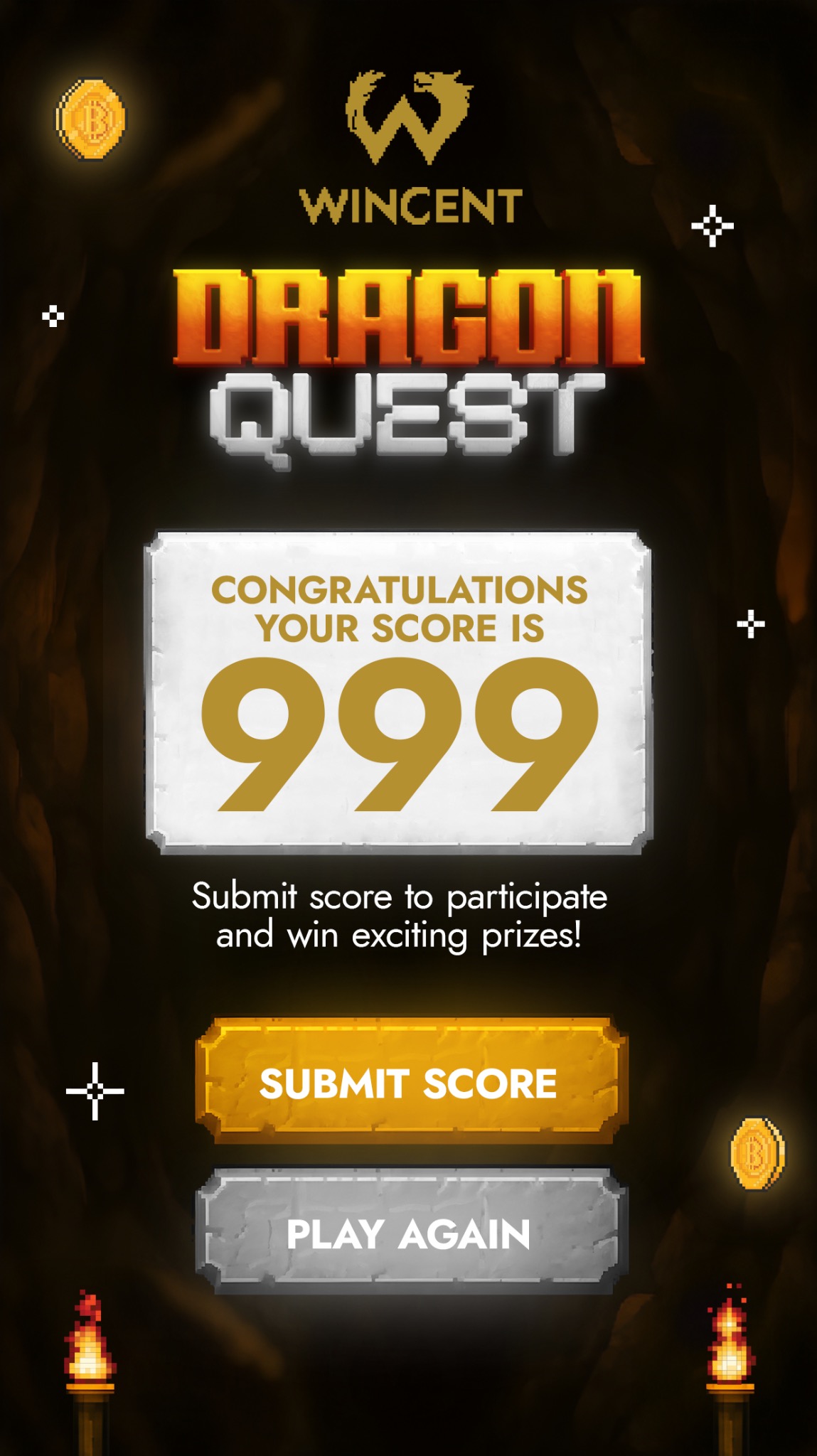 Ekran gry Dragon Quest od Wincent z wynikiem 999, przyciski 'Submit Score' i 'Play Again', pikselowa grafika w tonacji złoto-brązowej, płonące pochodnie i monety.