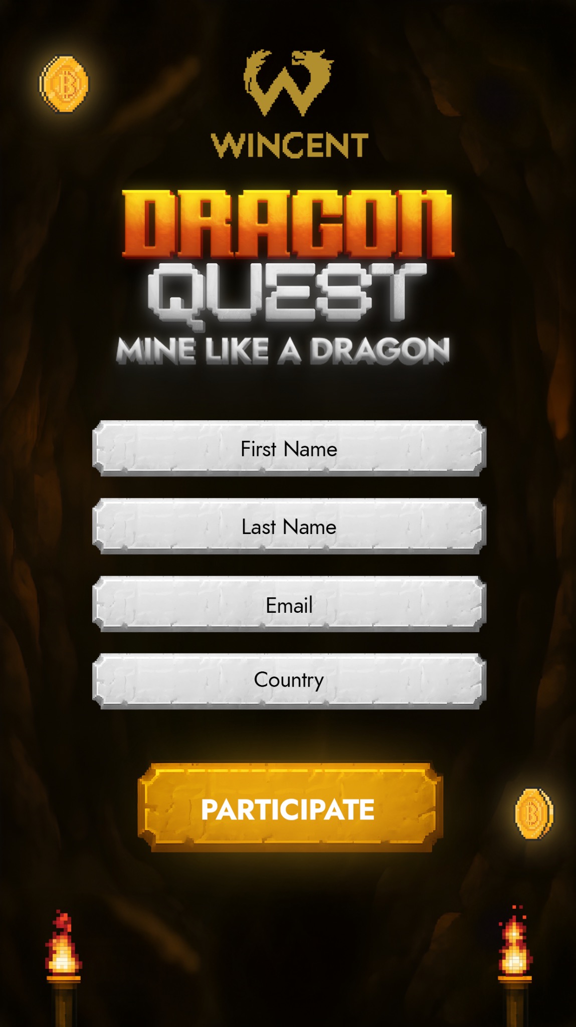 Grafika z logotypem Wincent i tytułem Dragon Quest. Formularz z polami: Imię, Nazwisko, Email, Kraj. Na dole przycisk 'Participate'. Styl pixel art, nawiązanie do gier.