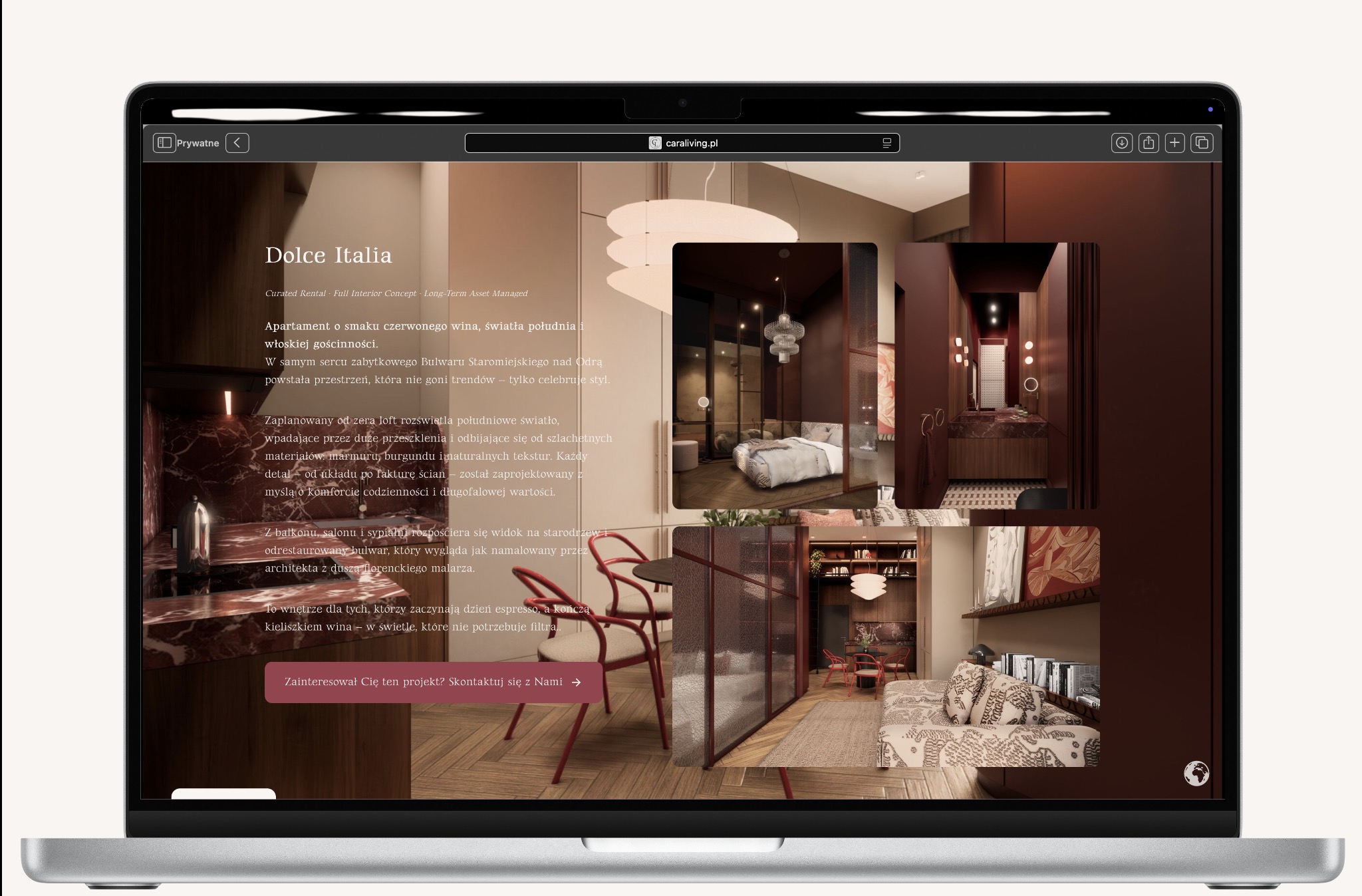Ekran laptopa prezentuje stronę internetową z aranżacją wnętrz 'Dolce Italia' we Wrocławiu. Widoczne zdjęcia łazienki, sypialni i salonu w ciepłej, burgundowej tonacji.