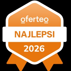 Pomarańczowa odznaka Oferteo 'Najlepsi 2026' na czarnym tle, z logo Oferteo u góry i wstążkami u dołu. Symbol wyróżnienia i jakości usług.
