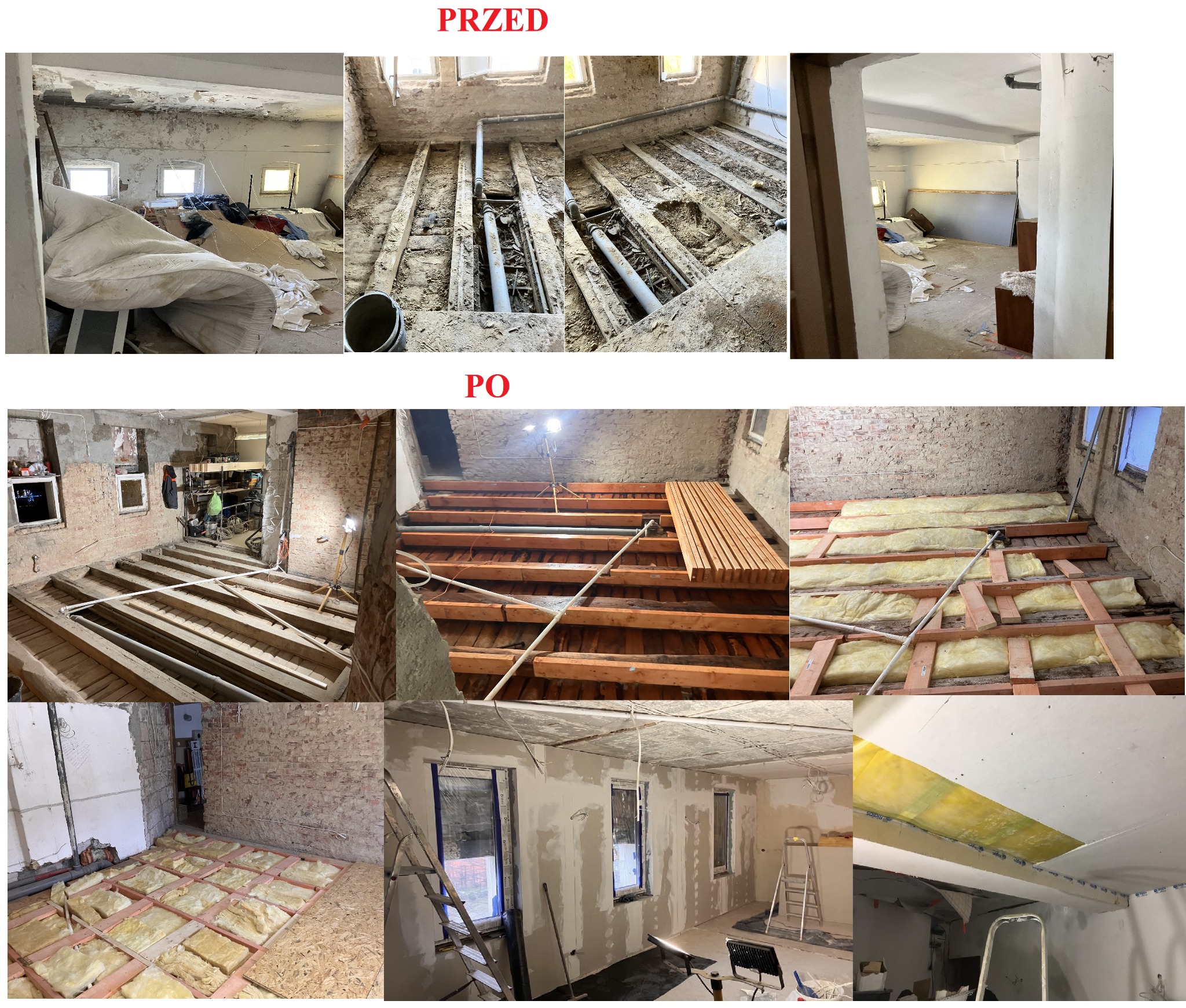 Remont podłogi i ścian: kolaż 'przed' z rurami i bałaganem, 'po' z izolacją, drewnianą konstrukcją i otynkowanymi ścianami. Widoczne etapy prac.