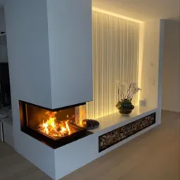 Nowoczesny salon z narożnym kominkiem z paleniskiem, dekoracyjną ścianą z podświetlanymi lamelami, drewnem ułożonym pod blatem i bukietem białych storczyków w szklanym wazonie.